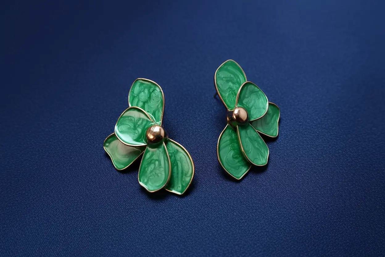 Golden Green Petal Floral Stud Earrings